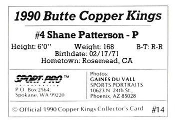 1990 Sport Pro Butte Copper Kings #14 Shane Patterson Back