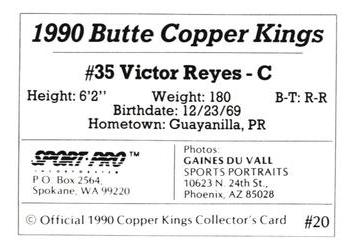 1990 Sport Pro Butte Copper Kings #20 Victor Reyes Back