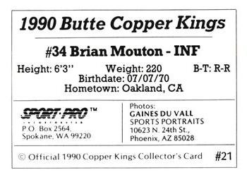 1990 Sport Pro Butte Copper Kings #21 Brian Mouton Back