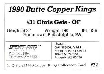1990 Sport Pro Butte Copper Kings #22 Chris Geis Back