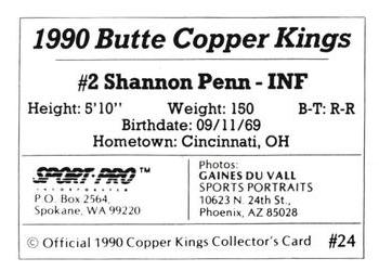 1990 Sport Pro Butte Copper Kings #24 Shannon Penn Back