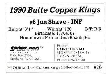 1990 Sport Pro Butte Copper Kings #26 Jon Shave Back