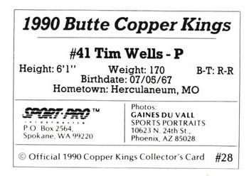 1990 Sport Pro Butte Copper Kings #28 Tim Wells Back
