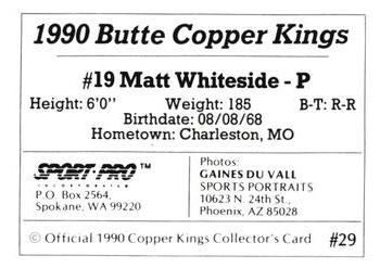 1990 Sport Pro Butte Copper Kings #29 Matt Whiteside Back
