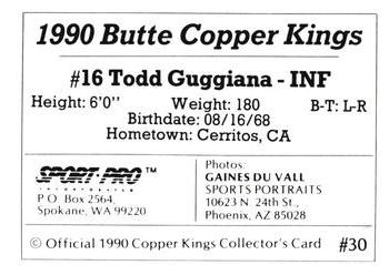 1990 Sport Pro Butte Copper Kings #30 Todd Guggiana Back