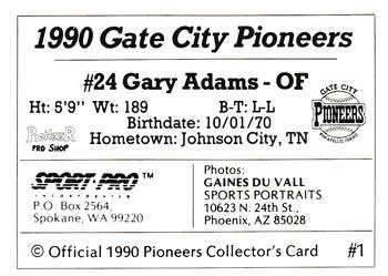 1990 Sport Pro Gate City Pioneers #1 Gary Adams Back