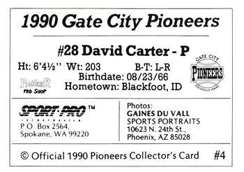1990 Sport Pro Gate City Pioneers #4 David Carter Back