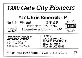 1990 Sport Pro Gate City Pioneers #7 Chris Emerick Back