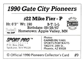 1990 Sport Pro Gate City Pioneers #9 Mike Fier Back