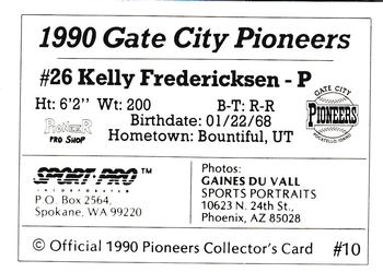 1990 Sport Pro Gate City Pioneers #10 Kelly Frederiksen Back