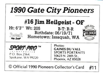 1990 Sport Pro Gate City Pioneers #11 Jim Heilgeist Back