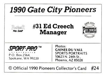 1990 Sport Pro Gate City Pioneers #24 Ed Creech Back