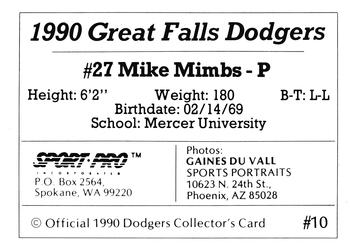 1990 Sport Pro Great Falls Dodgers #10 Mike Mimbs Back