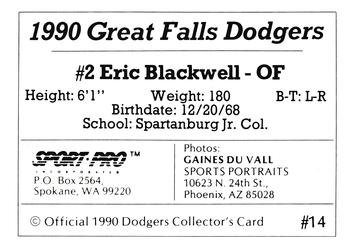 1990 Sport Pro Great Falls Dodgers #14 Eric Blackwell Back