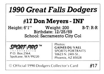 1990 Sport Pro Great Falls Dodgers #17 Don Meyers Back