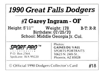 1990 Sport Pro Great Falls Dodgers #18 Garey Ingram Back