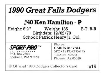 1990 Sport Pro Great Falls Dodgers #19 Ken Hamilton Back