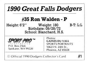1990 Sport Pro Great Falls Dodgers #1 Ronnie Walden Back