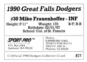 1990 Sport Pro Great Falls Dodgers #21 Mike Frauenhoffer Back