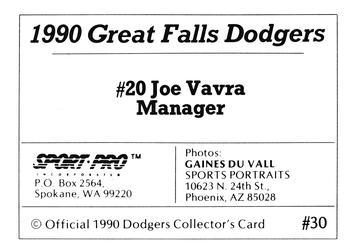 1990 Sport Pro Great Falls Dodgers #30 Joe Vavra Back