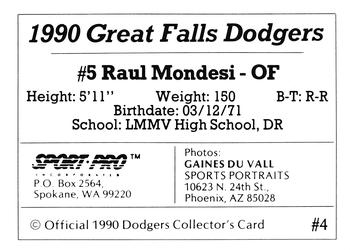 1990 Sport Pro Great Falls Dodgers #4 Raul Mondesi Back