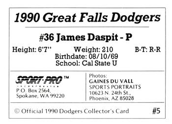 1990 Sport Pro Great Falls Dodgers #5 James Daspit Back