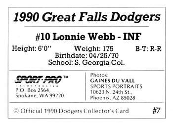 1990 Sport Pro Great Falls Dodgers #7 Lonnie Webb Back