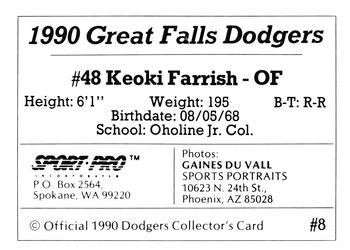 1990 Sport Pro Great Falls Dodgers #8 Keoki Farrish Back