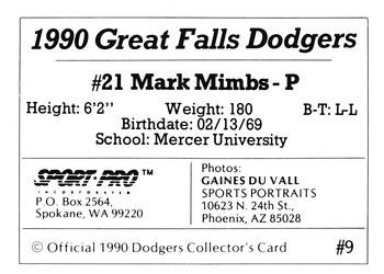 1990 Sport Pro Great Falls Dodgers #9 Mark Mimbs Back