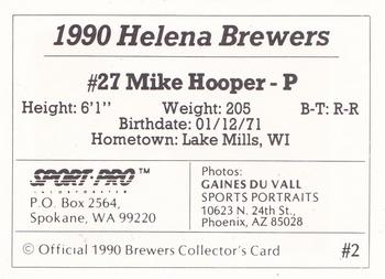 1990 Sport Pro Helena Brewers #2 Mike Hooper Back