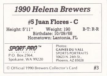 1990 Sport Pro Helena Brewers #3 Juan Flores Back