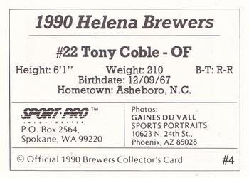 1990 Sport Pro Helena Brewers #4 Tony Coble Back
