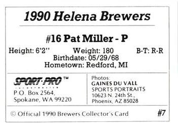 1990 Sport Pro Helena Brewers #7 Pat Miller Back