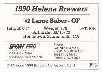 1990 Sport Pro Helena Brewers #13 Larue Baber Back