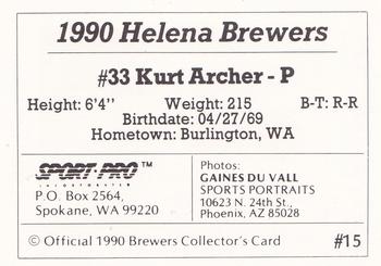 1990 Sport Pro Helena Brewers #15 Kurt Archer Back