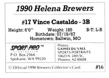 1990 Sport Pro Helena Brewers #16 Vince Castaldo Back