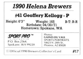 1990 Sport Pro Helena Brewers #17 Geoffery Kellogg Back