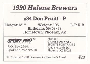 1990 Sport Pro Helena Brewers #20 Don Pruitt Back