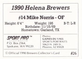 1990 Sport Pro Helena Brewers #26 Mike Norris Back
