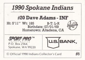 1990 Sport Pro Spokane Indians #8 Dave Adams Back