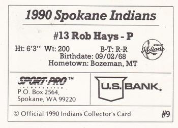 1990 Sport Pro Spokane Indians #9 Rob Hays Back