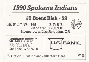 1990 Sport Pro Spokane Indians #10 Brent Bish Back