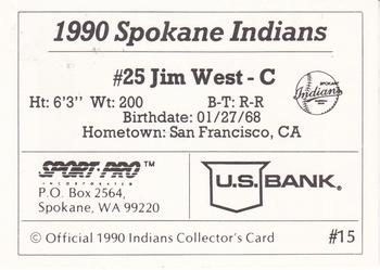 1990 Sport Pro Spokane Indians #15 Jim West Back