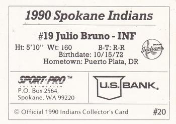 1990 Sport Pro Spokane Indians #20 Julio Bruno Back