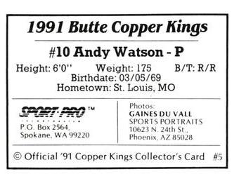 1991 Sport Pro Butte Copper Kings #5 Andy Watson Back