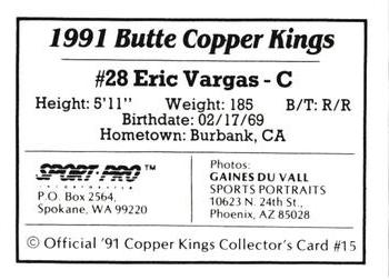 1991 Sport Pro Butte Copper Kings #15 Eric Vargas Back