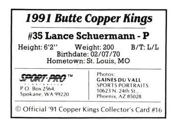 1991 Sport Pro Butte Copper Kings #16 Lance Schuermann Back