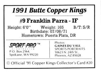 1991 Sport Pro Butte Copper Kings #20 Franklin Parra Back
