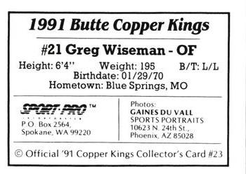 1991 Sport Pro Butte Copper Kings #23 Greg Wiseman Back