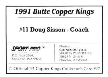 1991 Sport Pro Butte Copper Kings #27 Doug Sisson Back